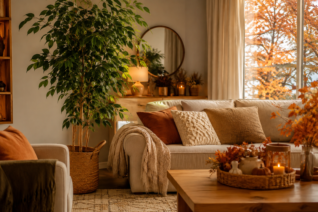 10 ideas para dar calidez a tu salón en otoño con plantas artificiales y decoración natural